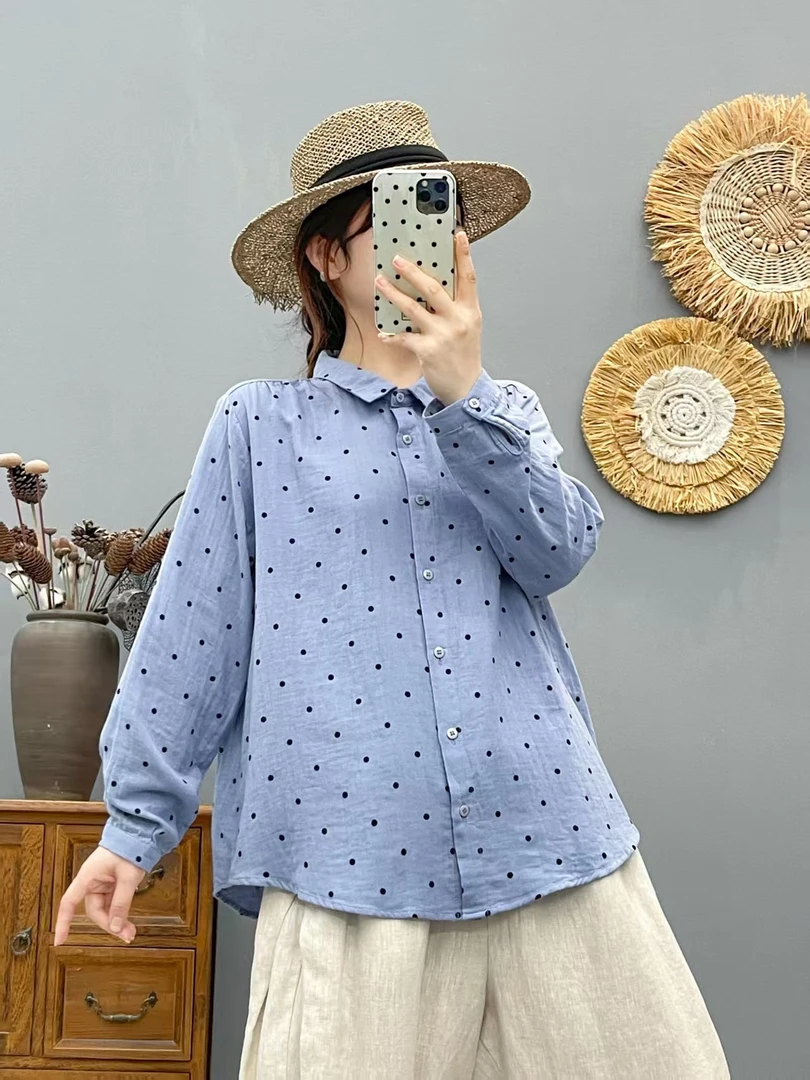 长袖纯棉波点衬衫女2025夏季复古文艺方领宽松半袖双层棉纱衬衣女