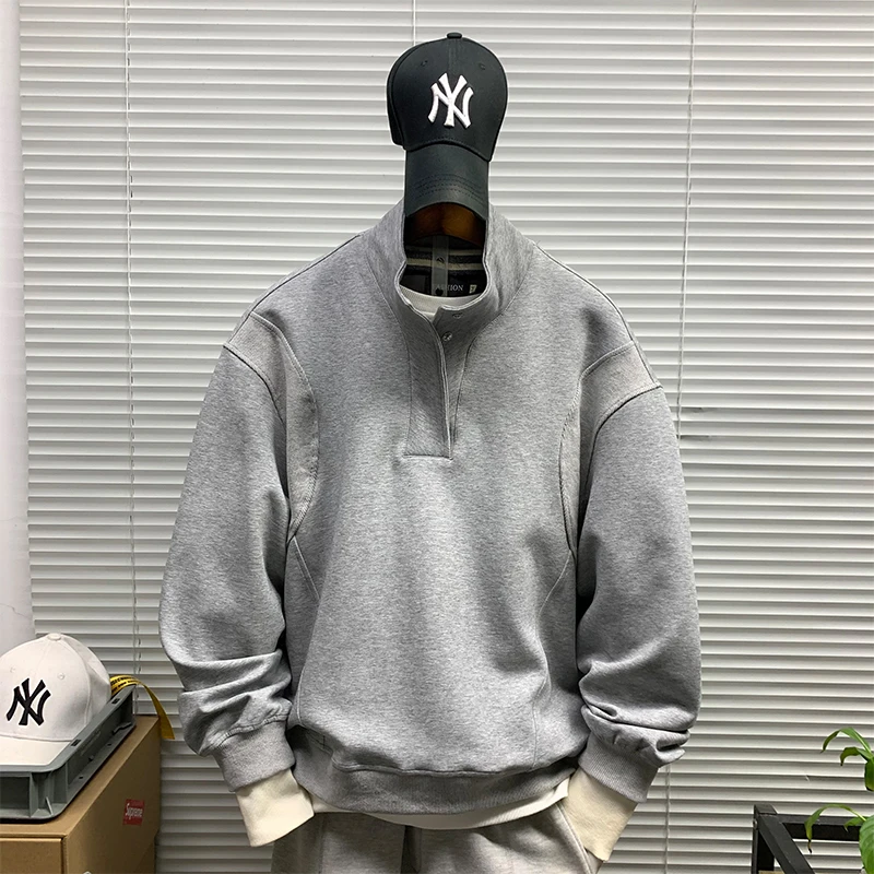 立领卫衣男款春秋新款高街潮牌休闲宽松百搭简约纯色重磅套头上衣