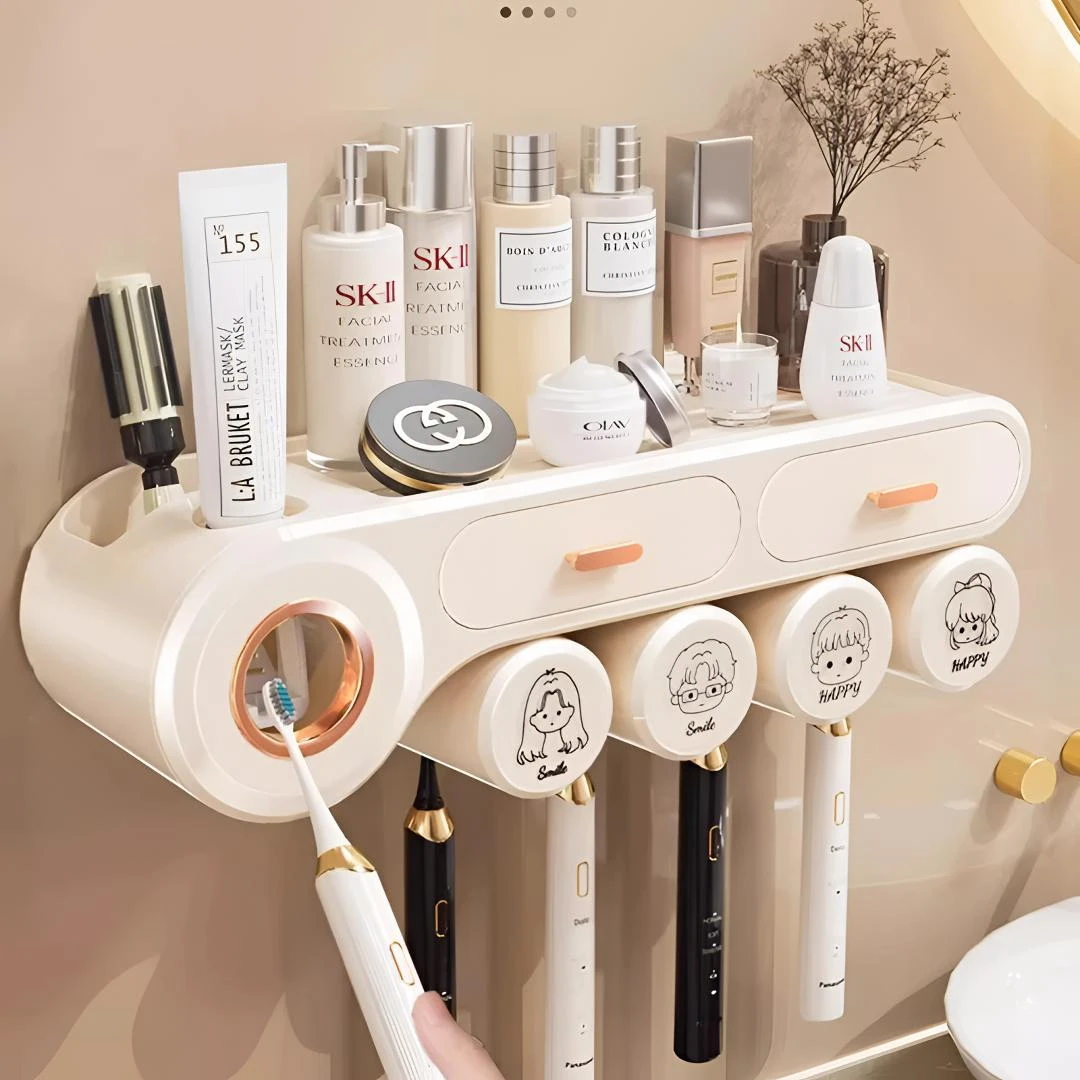 奶油风牙刷架漱口杯牙膏收纳架家用浴室壁挂免打孔沥水牙刷置物架
