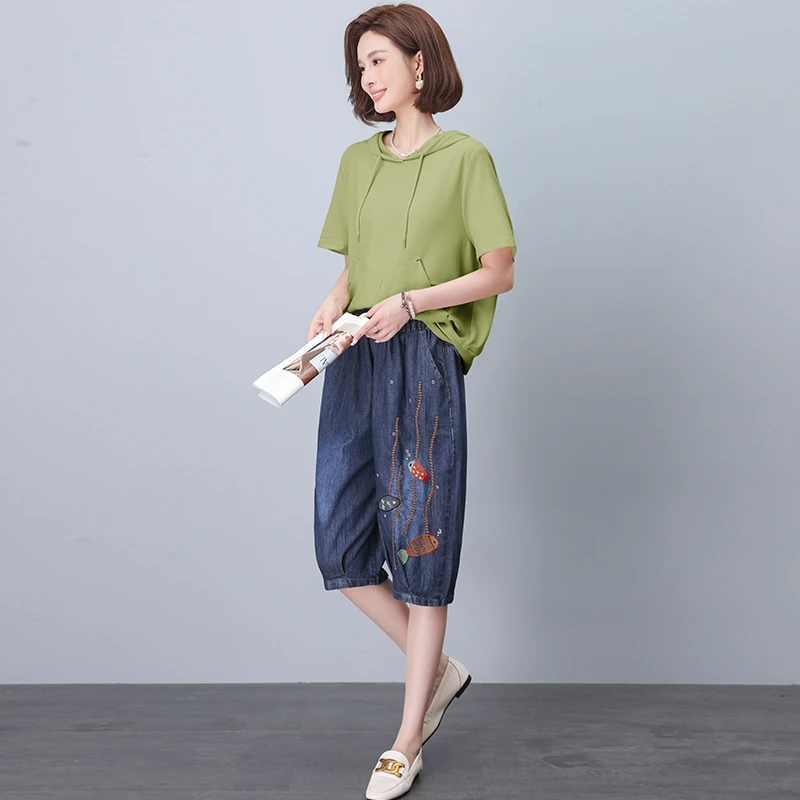 牛仔裤子套装女夏季2025新款妈妈高端减龄时尚短袖连帽上衣两件套