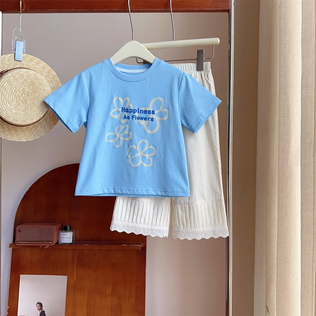现货【蓝色花朵T】7523女童夏季短袖T恤圆领男女宝中性风时尚休闲
