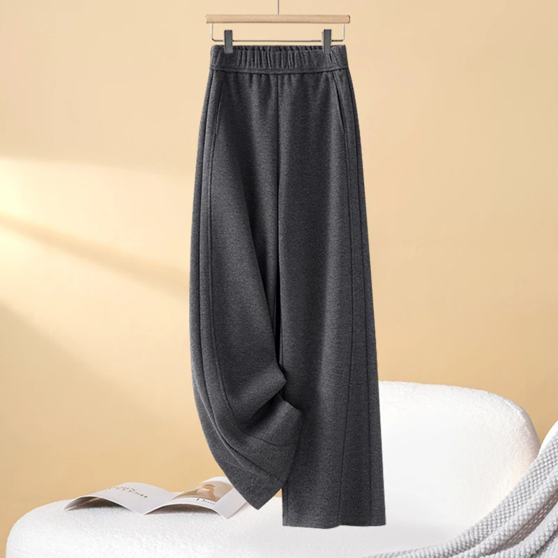 拉夏贝尔灰色松紧休闲糯米裤女春秋2025阔腿裤松紧腰毛呢料直筒裤
