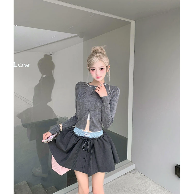 2025秋季新款ins小众设计感水钻领针织开衫小外套+高腰显瘦半身裙