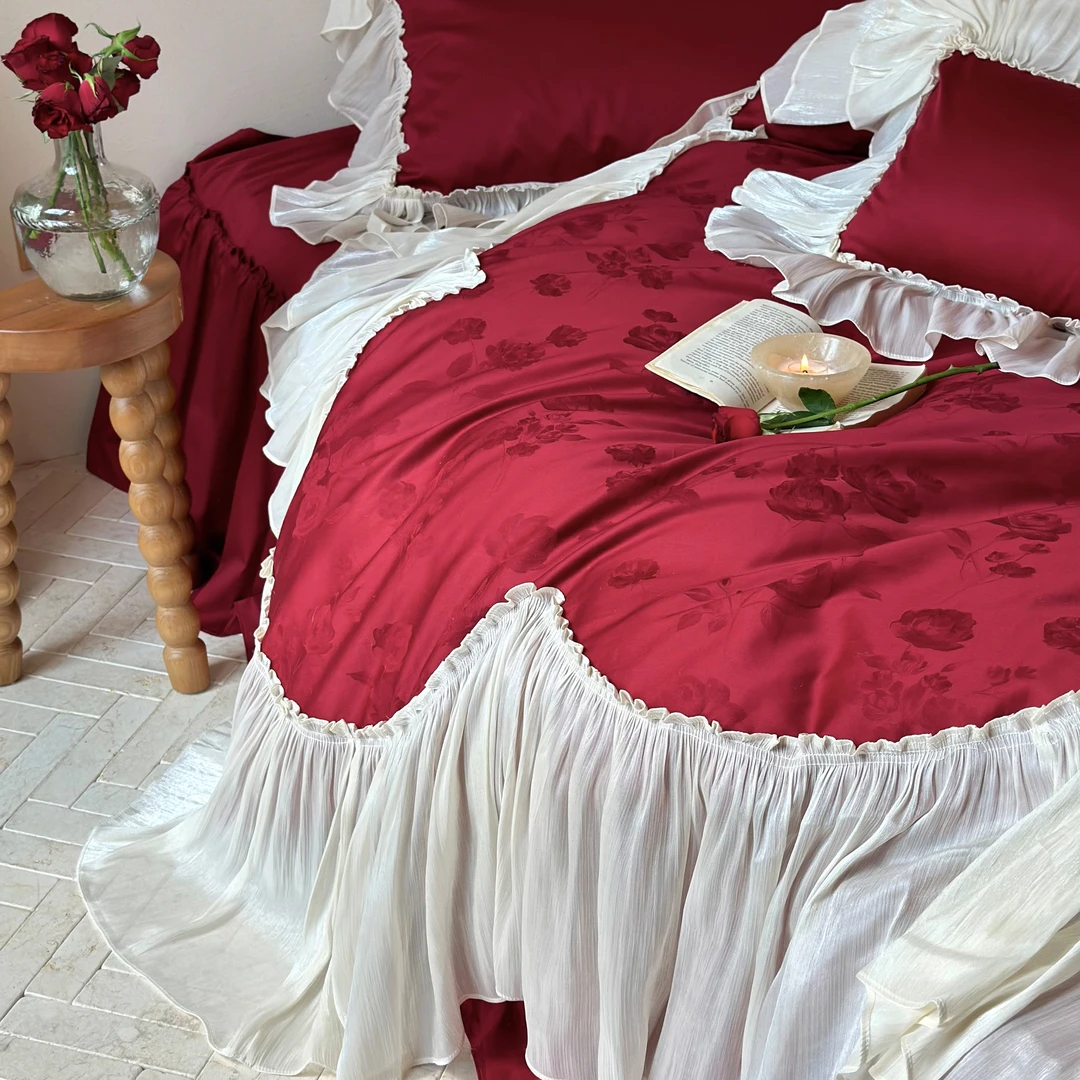 浪漫梦境/法式浪漫公主风缎面提花长绒棉四件套鎏金纱荷叶边床品