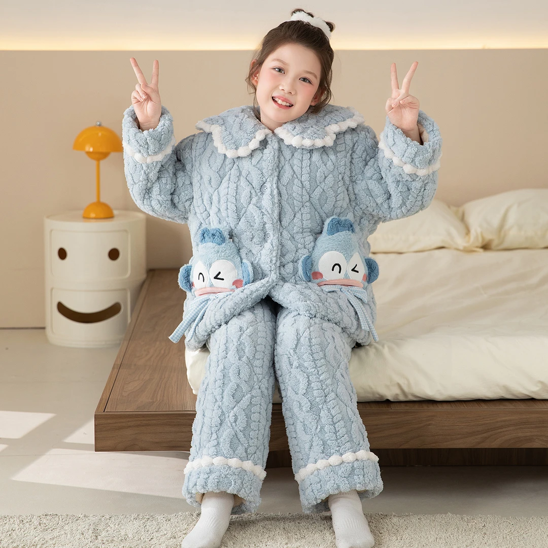 女童睡衣珊瑚绒三层夹棉冬季新款儿童加绒加厚公主女孩母女家居服