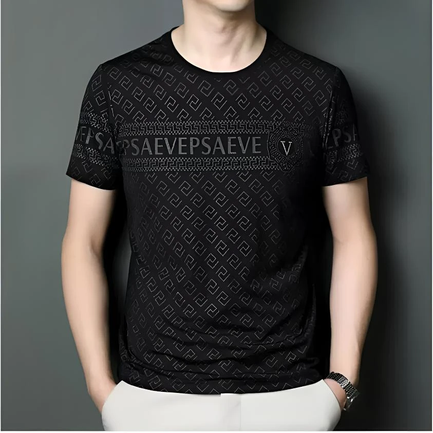 男士休闲蚕丝短袖t恤圆领高端冰丝高级刺绣上衣男装轻奢痞帅男装