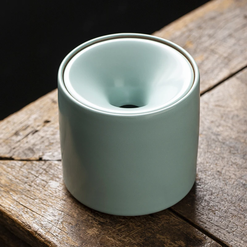 天青汝窑陶瓷水孟烟灰缸茶渣缸建水纯色简约家用客厅烟灰缸带盖大