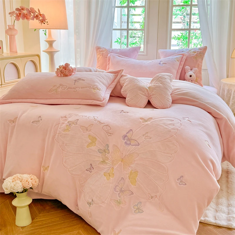 轻奢公主风绣花高端牛奶绒刺绣四件套加厚小清新双人被套1.8床品