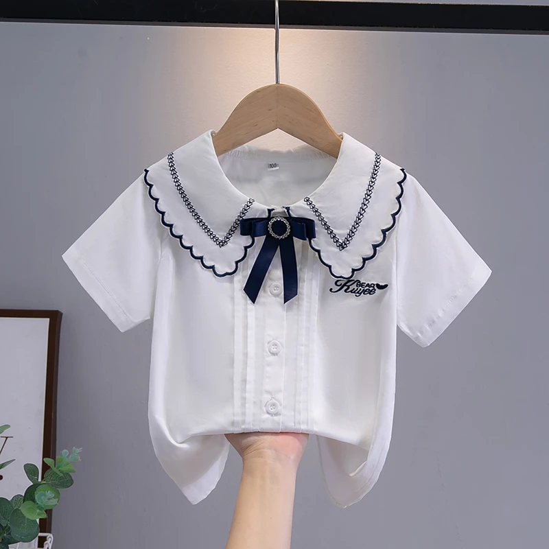 女童短袖白衬衫夏季新款大儿童洋气校服上衣纯棉娃娃领学院风衬衣