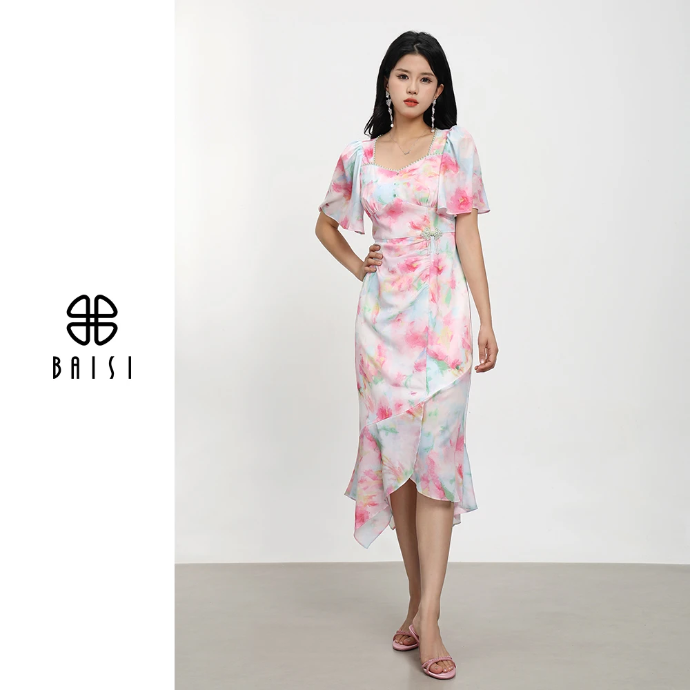 BAISI/百丝春日出行春游出行裙子  春夏季印花连衣裙修