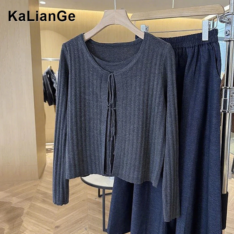 卡莲格/蝴蝶结假两件圆领长袖针织衫女秋季新款显瘦内搭打底上衣