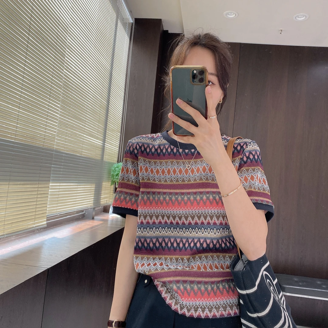 IMFLY金小金自制女装 针织衫DYW9208复古多色条纹几何针织短袖女