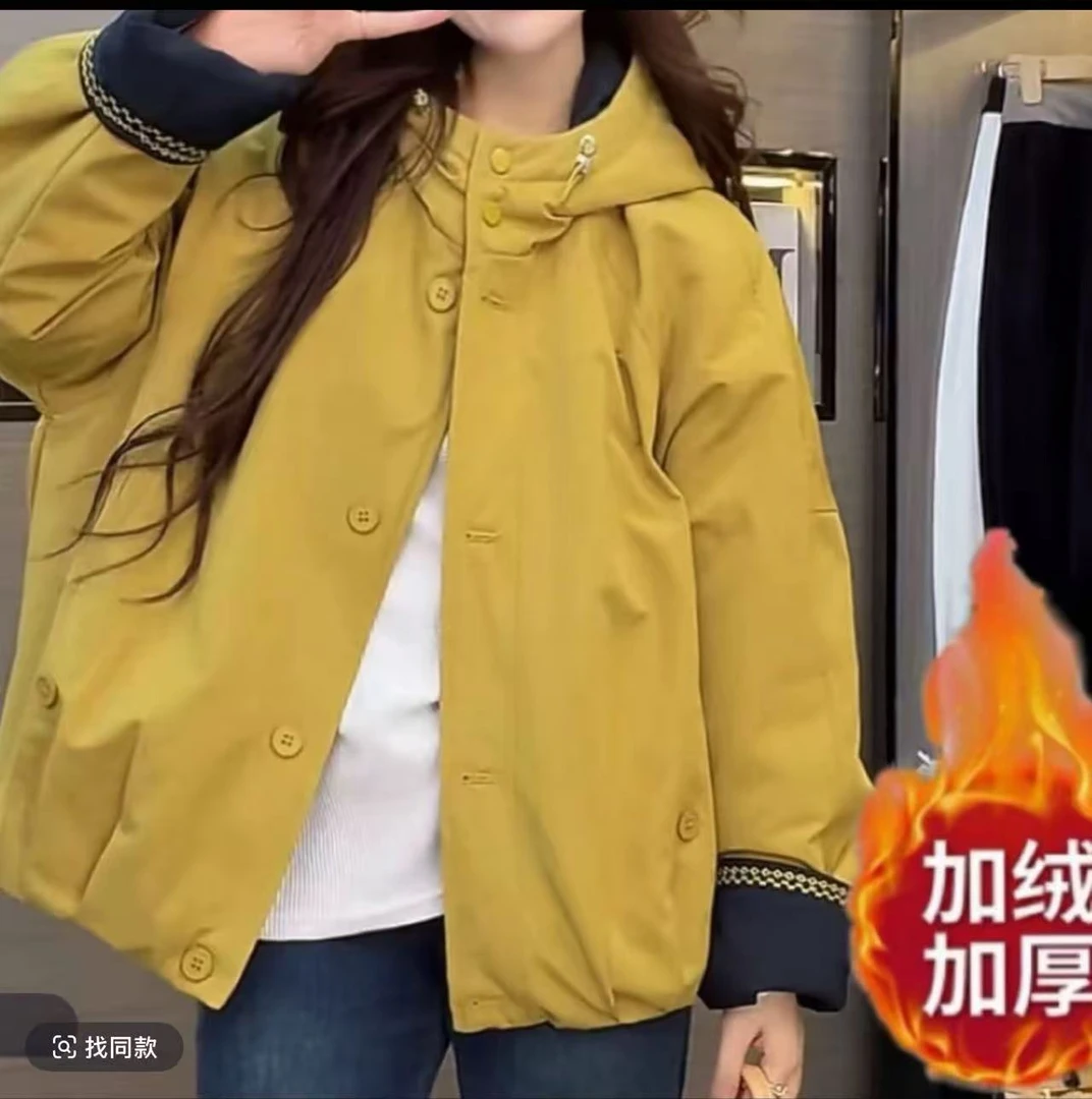 加绒加厚连帽拼接刺绣女士风衣25年冬季新款韩版大码宽松百搭外套