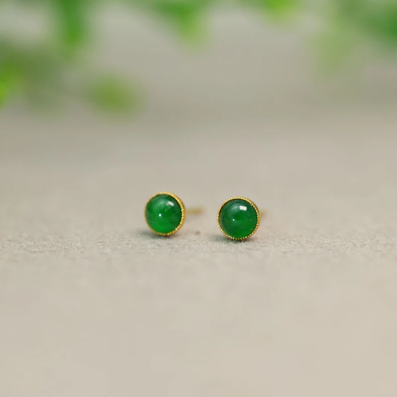 #I883 18K金镶嵌冰种满绿天然A货翡翠小蛋面耳钉小灯泡蛋面耳饰
