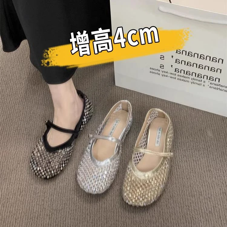 法式内增高渔网面满水钻玛丽珍单鞋女新款夏季配裙子镂空凉鞋
