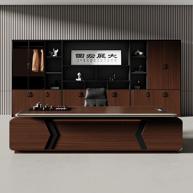 高级感铝合金包边老板桌带侧柜可作办公桌茶桌两用