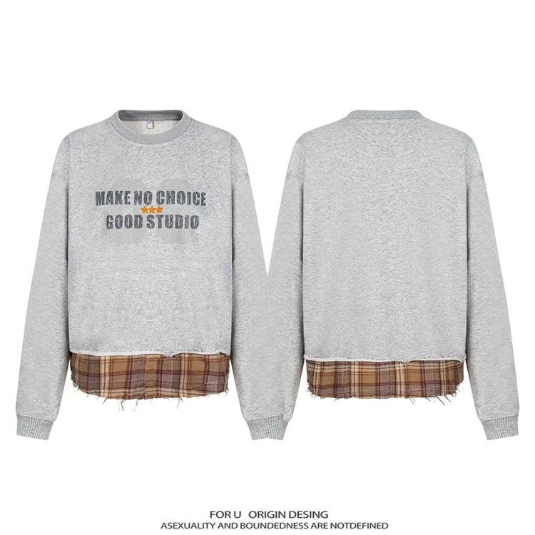 FOR U 原创国潮美式复古假两件卫衣春秋新款假两件长袖学院风上衣