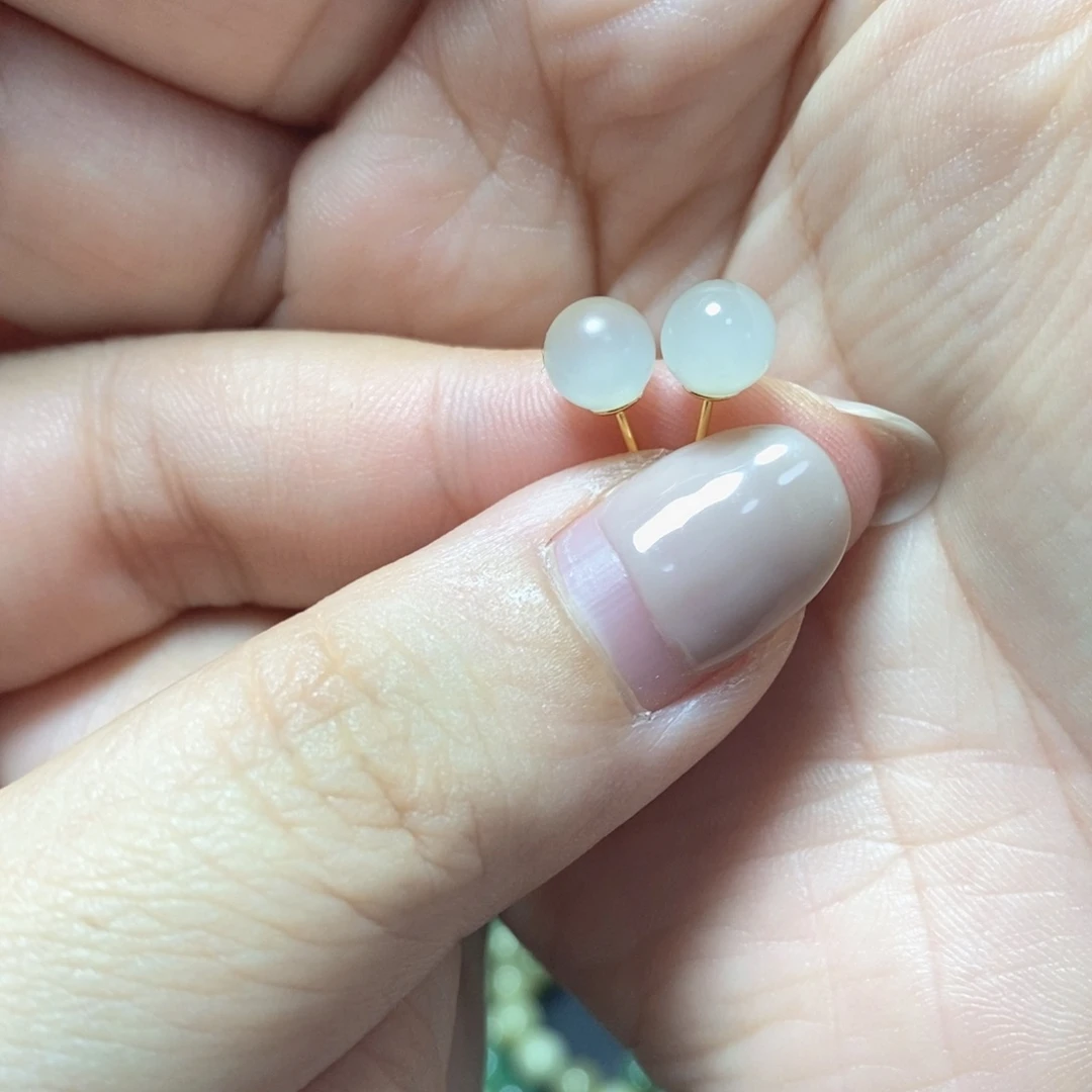 银S925镶嵌和田玉耳钉小灯泡圆珠卡6mm