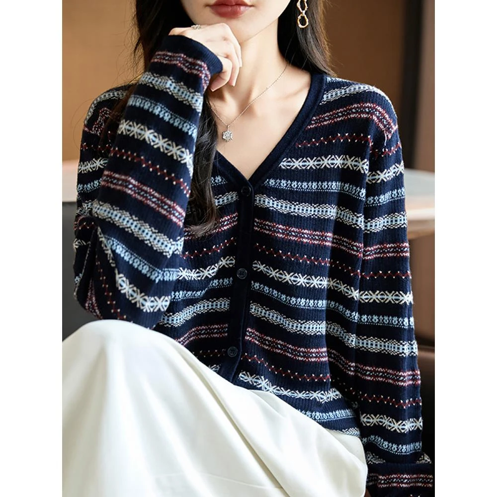 恒源祥早秋V领条纹针织打底衫女2025新款春秋上衣洋气大码女装秋