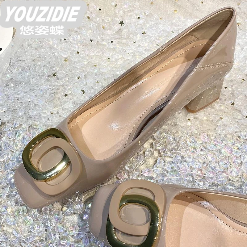 YOUZIDIE法式漆皮裸色粗跟方头单鞋女2025新款春秋时尚百搭名媛浅