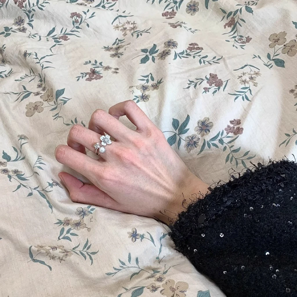 925银戒指 兰亭雅集开口款花朵珍珠戒指女精致轻奢小众设计高级感