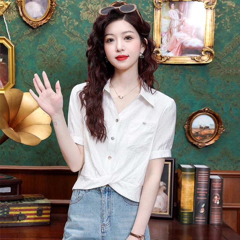 短袖衬衫女夏季2025新款不规则扭结别致短款衬衣独特漂亮的小上衣