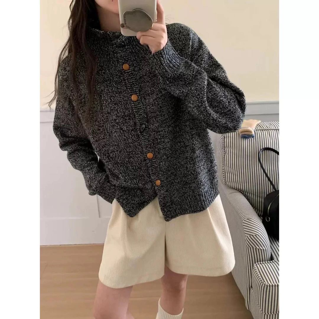 8851花纱立领木质扣针织开衫宽松百搭毛衣外套