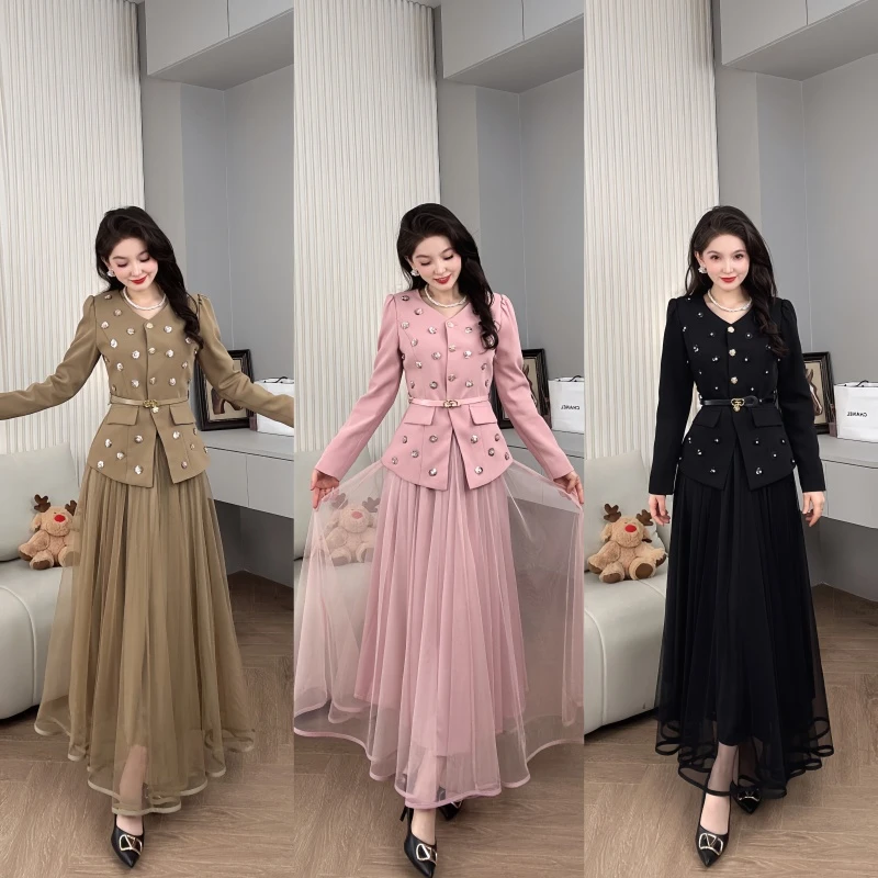 Saeda品牌女装西装外套半裙腰带三件套设计感连衣裙套装YF10099