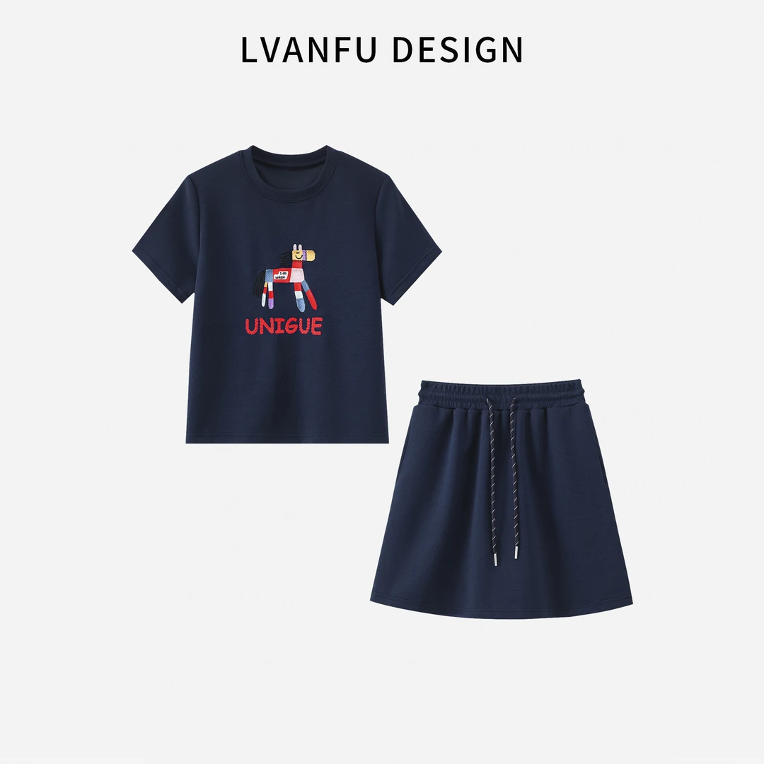 2025夏季新款时尚休闲百搭小马刺绣圆领裤裙套装 JY768A/CX