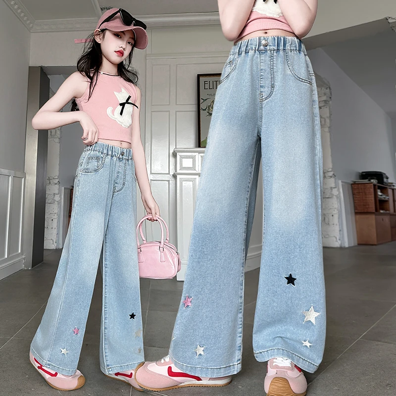 女童夏季长裤2025新款儿童中大童宽松阔腿裤学生薄款时髦牛仔裤子