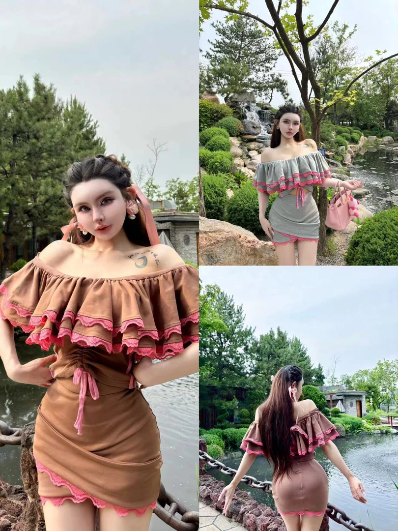 【心动美少女】蕾丝荷叶原创设计修身上衣+撞色蕾丝短裙