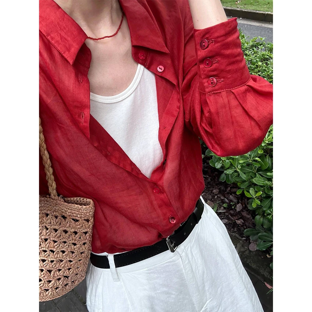 炸街气质红色亚麻衬衫上衣休闲裤慵懒两件套女夏季松弛感穿搭套装