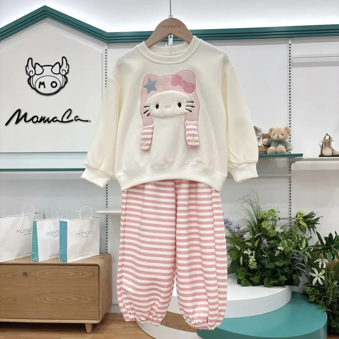 MOMOCO秋季新款女童休闲卡通猫咪条纹裤两件套套装77730580007