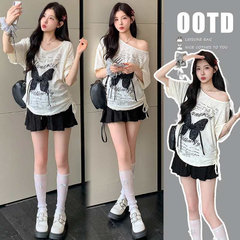 夏季新款2025孕妇装韩版宽松露肩蝴蝶结刺绣套装孕妇两件套外穿