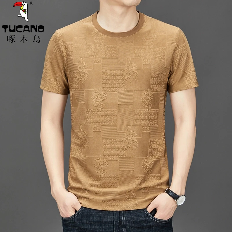啄木鳥正品冰丝短袖t恤夏季新款提花圆领透气半袖男士高颜值体恤