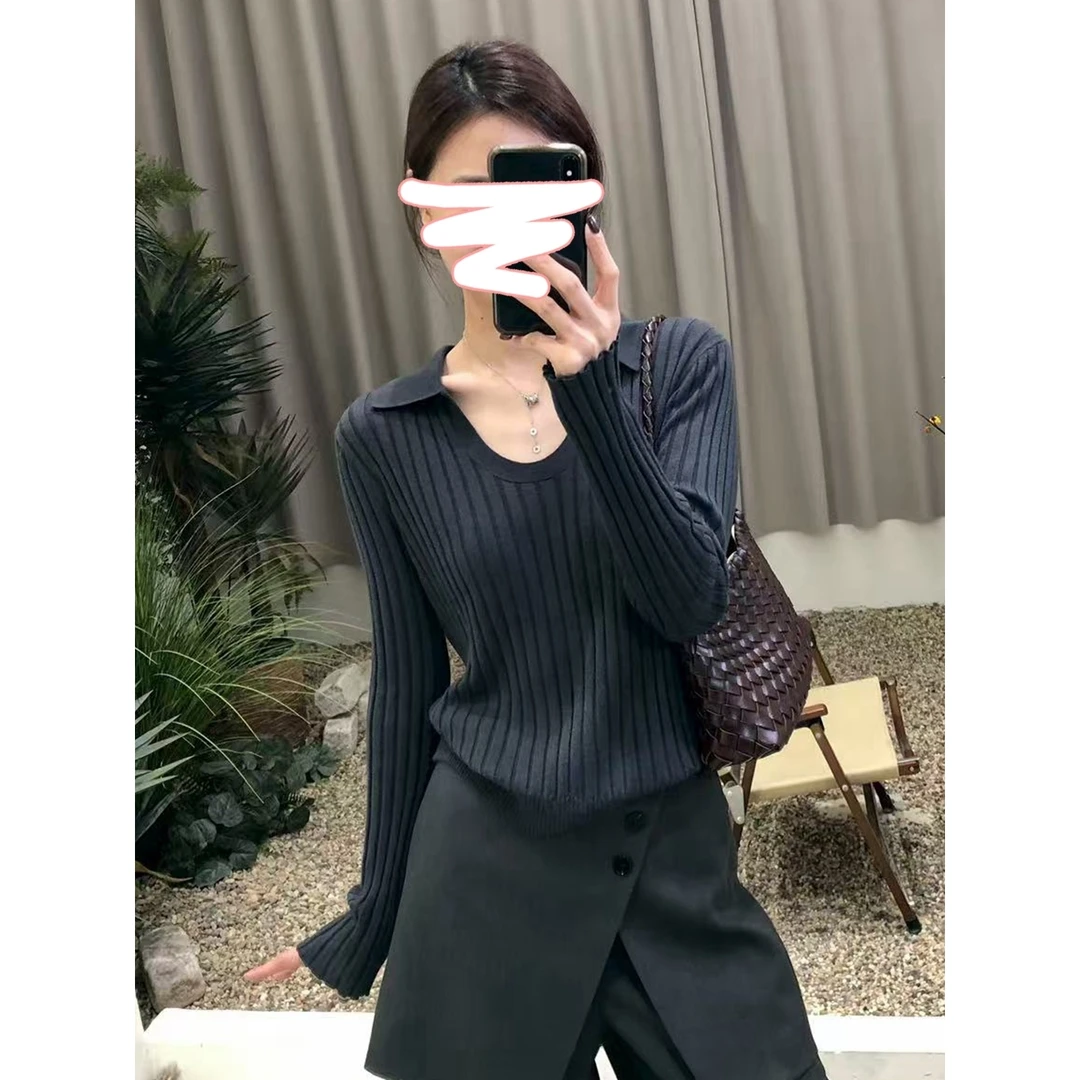 显瘦 锁骨u领长袖坑条针织衫 翻领修身弹力套头上衣秋高领H8-99