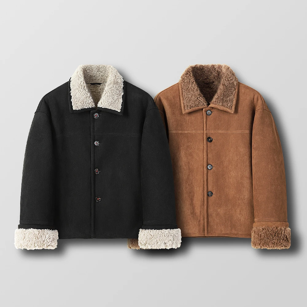 2025时尚百搭男士冬季保暖休闲宽松皮毛一体绵羊毛翻领夹克外套
