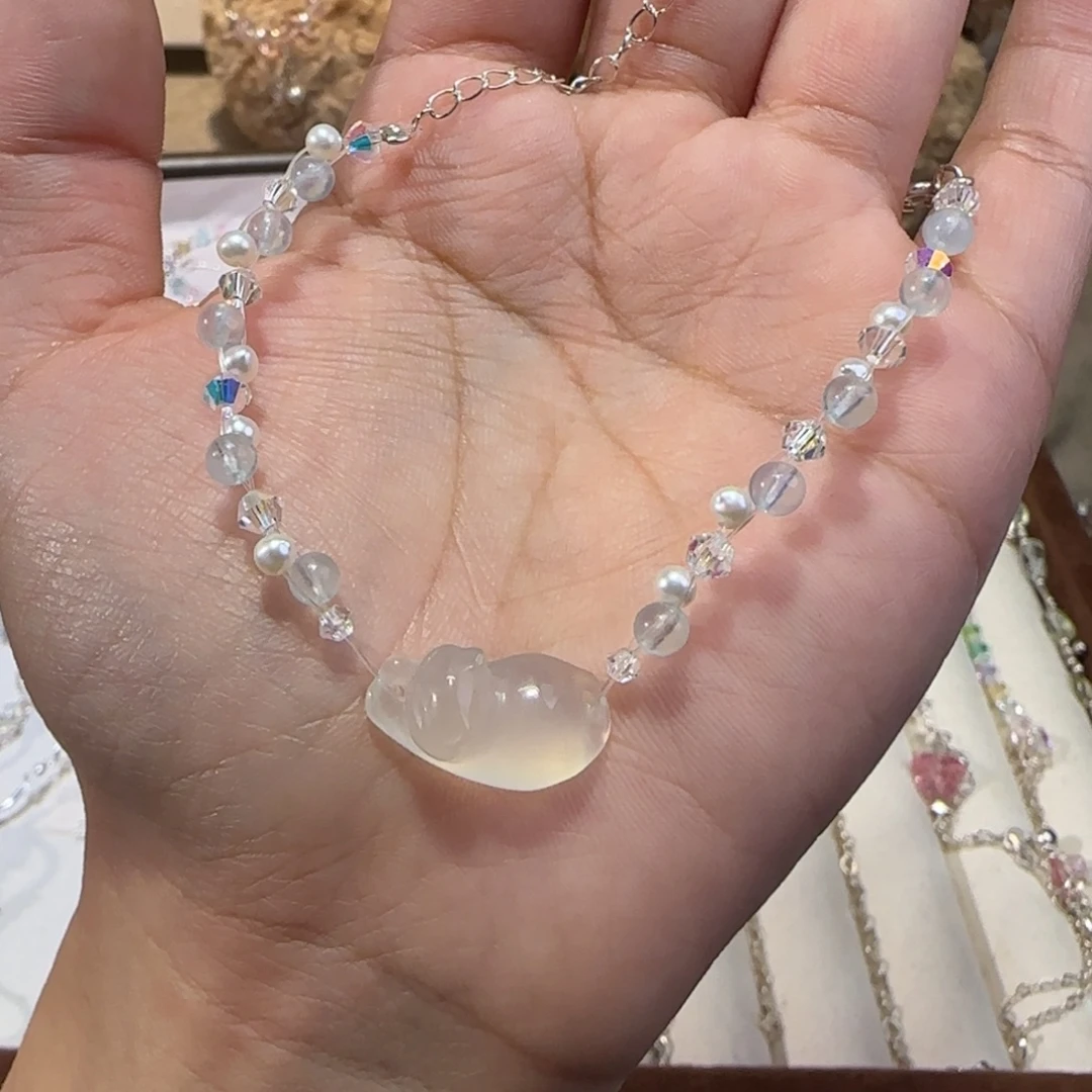 烟晶手链银S925镶嵌趴趴猫