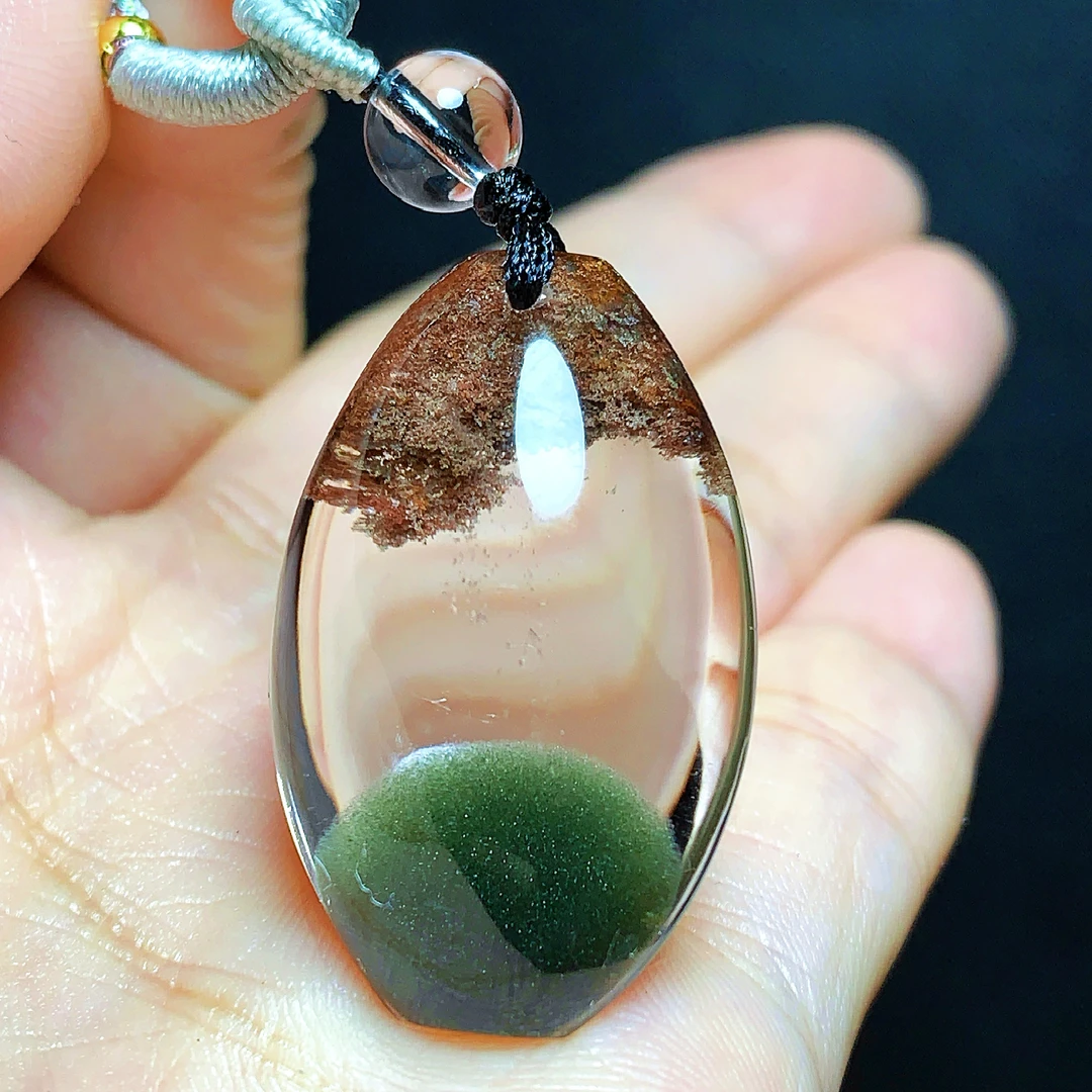 东海水晶天然绿幽灵水晶吊坠毛衣链平安通透水滴项坠男女款聚宝盆