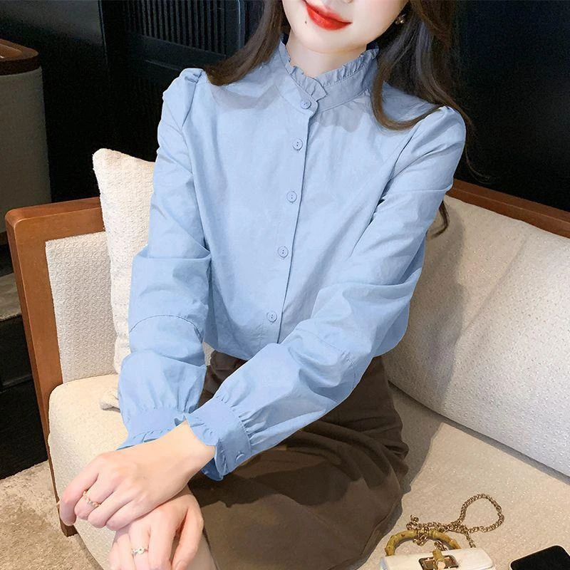 法式木耳边立领棉质衬衫女秋装2025年新款时尚设计感小众女士上衣