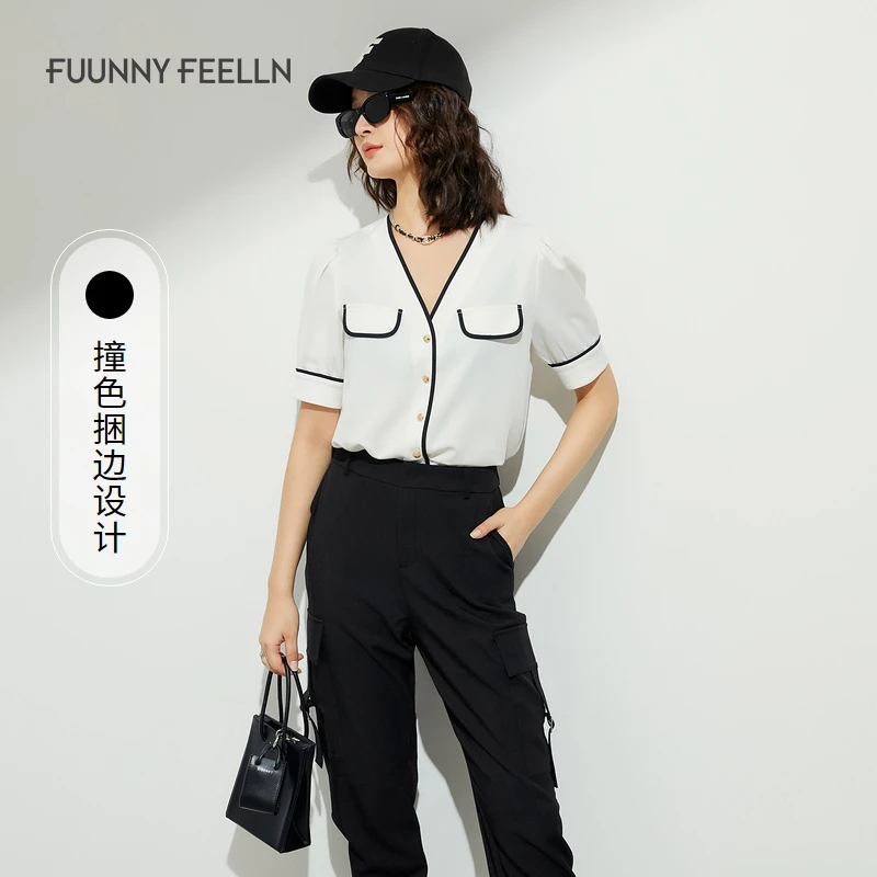 商场同仿佛夏季气质短袖v领衬衫缎面泡泡袖时尚FE00701