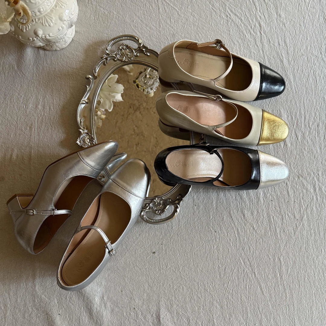 GHGB新款银色尖头高跟鞋浅口通勤粗跟玛丽珍复古单鞋女