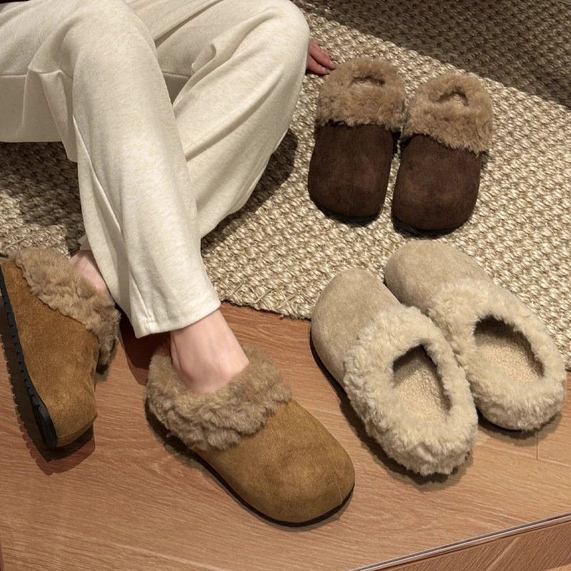 厚底加绒勃肯鞋包头半拖毛毛拖鞋女外穿2026新款冬季一脚蹬棉拖鞋