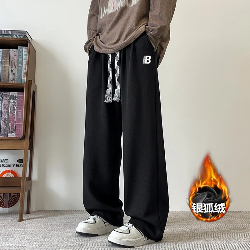 稻草人新款秋冬季男士休闲裤时尚百搭银狐绒保暖加厚直筒宽松潮流