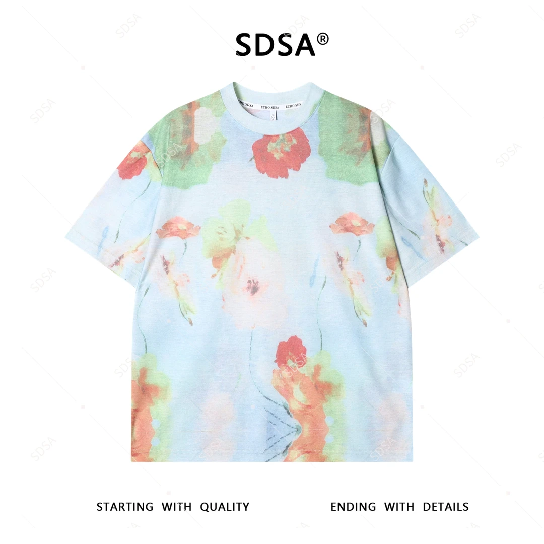 夏季高级感新款男士小清新撞色花卉图案圆领短袖T恤宽松简约上衣