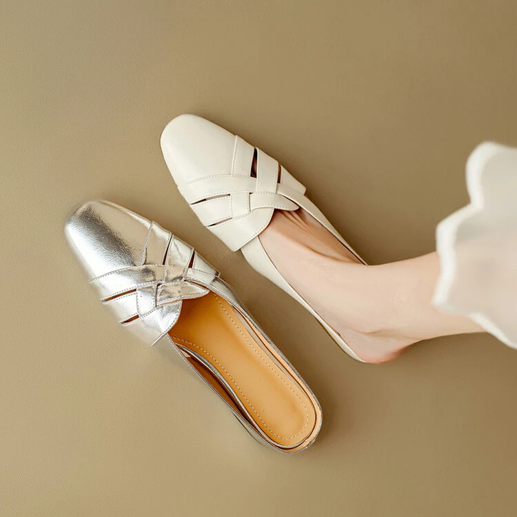 法式复古真皮编织镂空包头半拖鞋女外穿夏季懒人穆勒鞋平底凉拖鞋