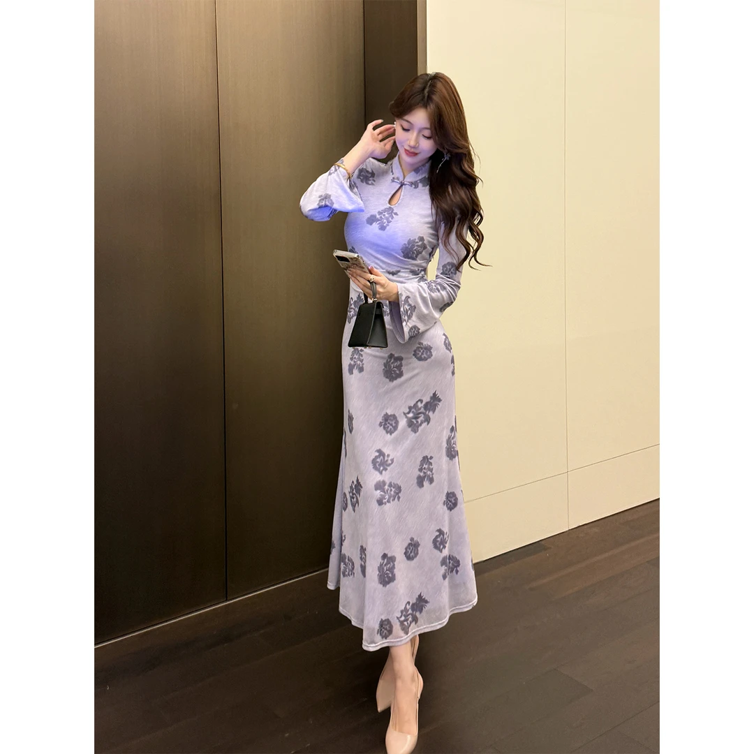凌茜恣禾【紫兰】国风新中式紫网底印花鱼尾温婉优雅气质显瘦旗袍裙