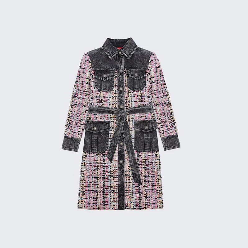 LAURENCE & CHICO粗花呢拼接牛仔长外套，黑粉色D2AQ10112096