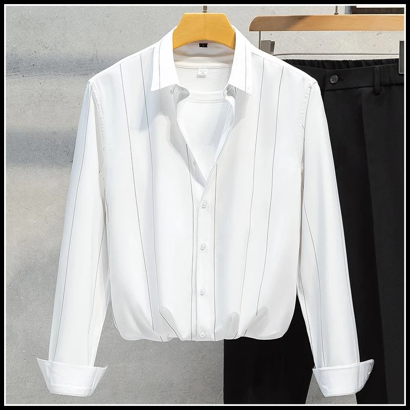 条纹长袖衬衫男士2025夏季新款宽松轻薄男装商务寸衣休闲白色衬衣