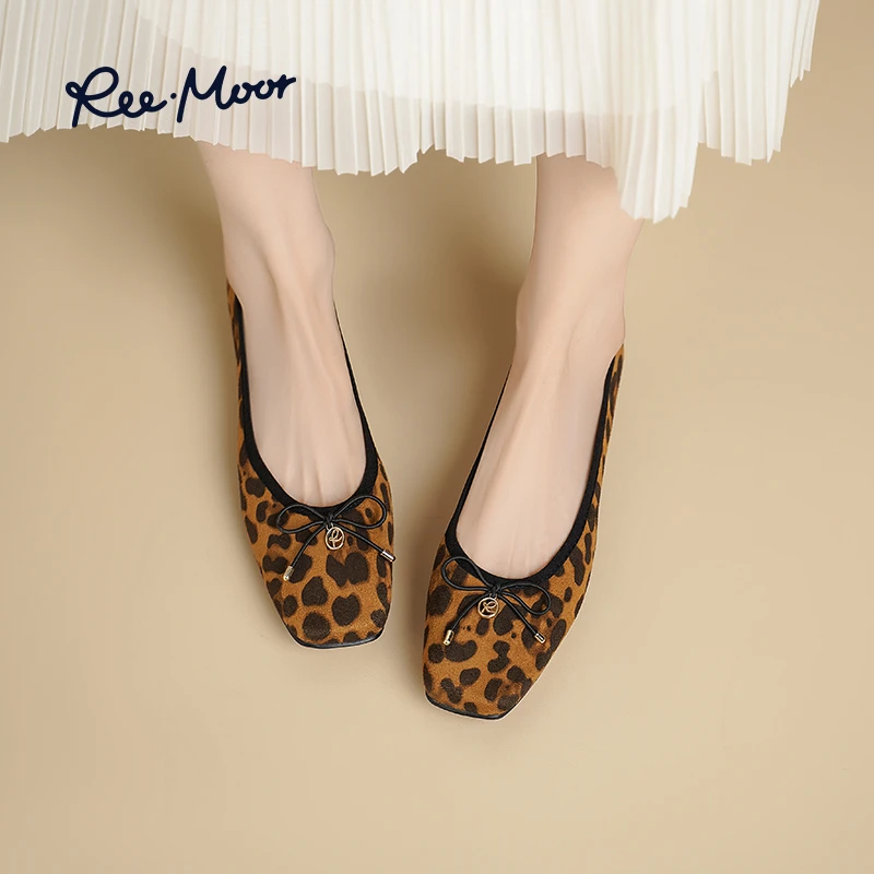 REEMOOR睿慕2025秋季新款蝴蝶结圆头浅口单鞋豹纹芭蕾舞鞋R224K6